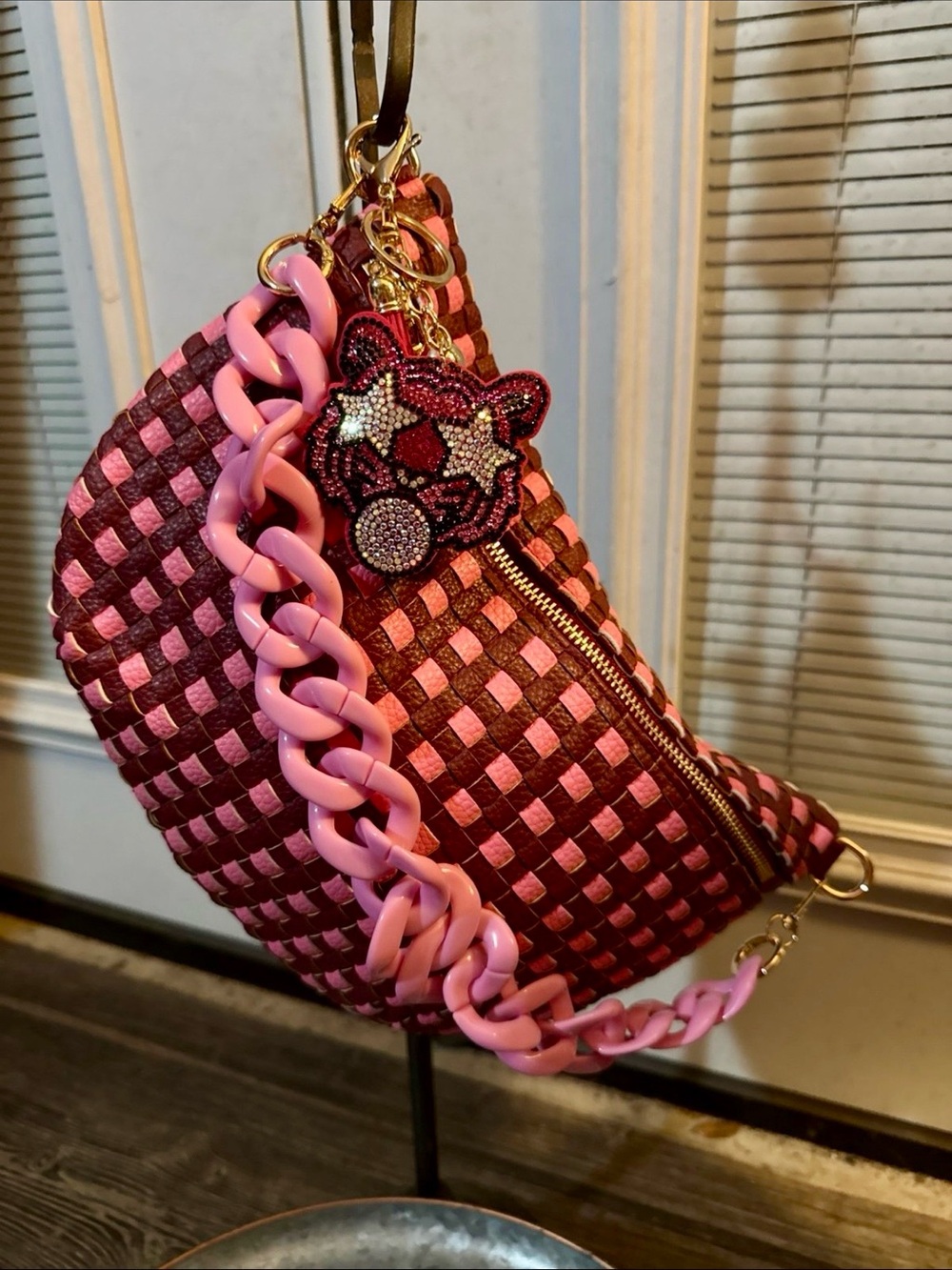 Woven Pink and Burgundy crossbody/Bum Bag with Decorative Charm
